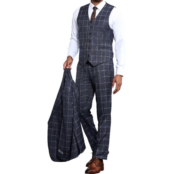 Charcoal/Grey  Windowpane 3 Piece Stacy Adams Men's Suit - Picture 2 of 5